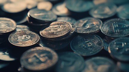 Close-up of a pile of silver crypto coins.