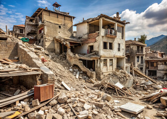 Destruction of buildings and debris create haunting scene of devastation, showcasing aftermath of disaster. remnants of once stable structures are now in ruins, evoking sense of loss and despair