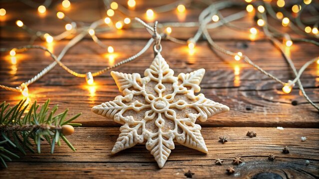 Delicate handmade salt dough ornament in the shape of a snowflake, adorned with intricate details, rests on a rustic wooden background surrounded by festive lights.