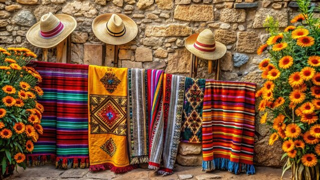 Vibrant woven textile featuring traditional Mexican patterns, colors, and motifs, including sombreros, marigolds, and Aztec symbols, draped beautifully over a rustic stone wall background.