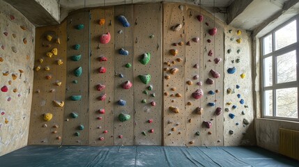 Colorful Climbing Wall in Indoor Bouldering Gym