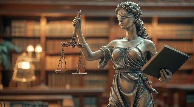 An artistic representation of the statue of Lady Justice holding scales and a book, with a blindfolded face, standing in front of a blurred background of a classic wooden library. 
