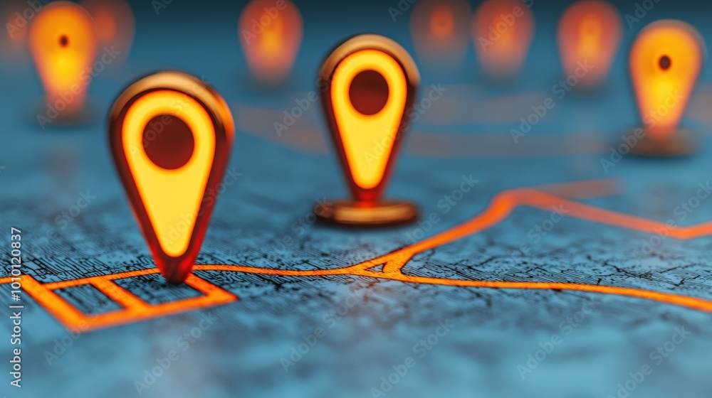 Poster glowing location pins on abstract map technology and ai concept