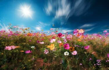 Fototapeta premium A field of bright wildflowers with a clear blue sky and a glowing sun above.