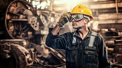 A male engineer in a hard hat and safety glasses stands in a factory, looking determined.