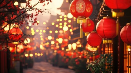 A vibrant street scene with red lanterns and decorations for Chinese New Year