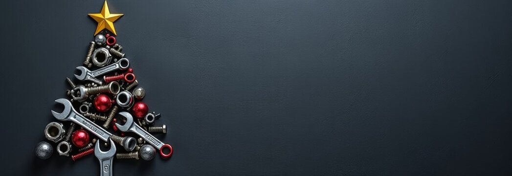 Creative Christmas tree made of tools and ornaments, featuring wrenches and nuts against a dark background