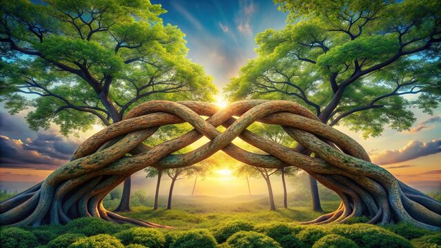 Two interlocking tree branches form a strong and harmonious union, symbolizing mutual support, trust, and cooperation in a scenic natural landscape.