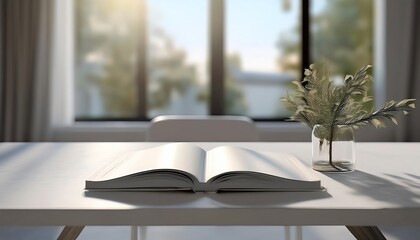 Fototapeta premium A serene scene featuring an open book on a white table, illuminated by natural light from a window, complemented by a simple vase of flowers.