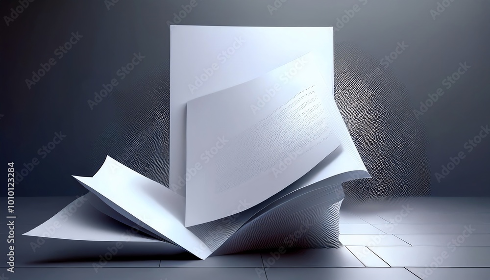 Poster a minimalist scene featuring a stack of white papers on a textured surface, creating a dynamic, arti