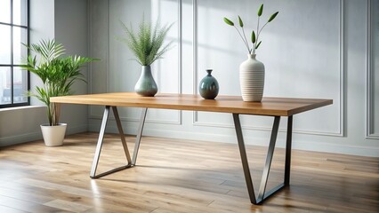 Stylish modern wooden table with elegant metal legs placed in a bright minimalist room with a vase and a few decorative objects on it.