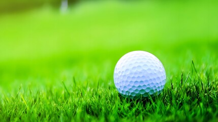 Fototapeta premium A white golf ball rests on the green grass of a golf course.