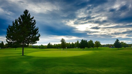 Obraz premium A lone tree stands tall on a lush green golf course under a cloudy sky.