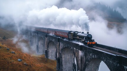 Naklejka premium A steam train chugs along a bridge high in the mountains, billowing smoke and surrounded by fog.