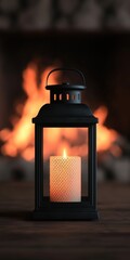Black Lantern with Candle and Fireplace Background   Cozy Home Decor