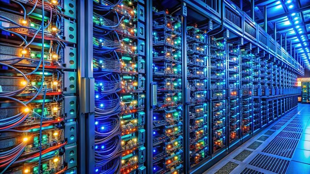 Racks of densely packed servers with blinking lights and cables forming a large computer cluster in a modern data center or network room.