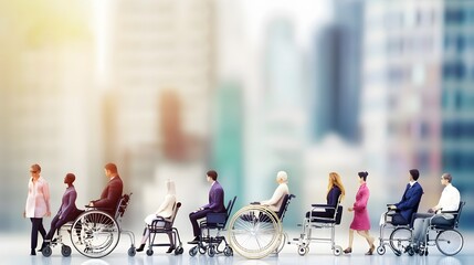 Obraz premium A diverse group of people in wheelchairs line up in front of a blurred city background.