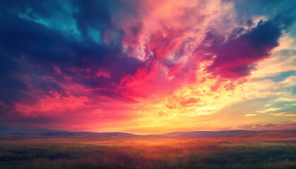 Obraz premium Vibrant sunset over serene landscape with colorful sky and rolling hills, creating a peaceful and awe-inspiring atmosphere.