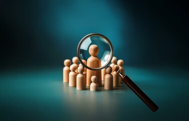 A magnifying glass focuses on one wooden figurine in a group of several others on a teal background.