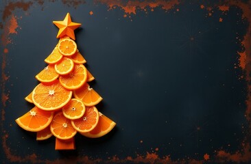 Decorative Christmas tree made from orange slices on a dark background for festive holiday celebrations