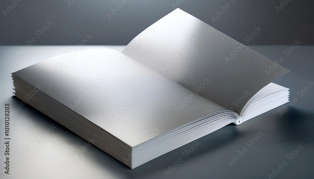 Poster a minimalist image of an open, blank book resting on a reflective surface, capturing simplicity and 
