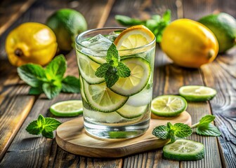 Fototapeta premium Fresh and refreshing glass of diet water infused with slices of cucumber, lemon, and sprigs of mint, served over ice on a warm summer day.