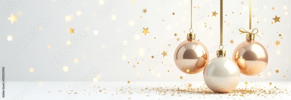 Wall mural elegant holiday ornaments with golden sparkles on a white background for festive decoration and cele