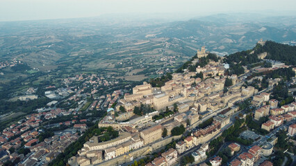 Fototapeta premium Aerial view of San Marino and the mountains around the city