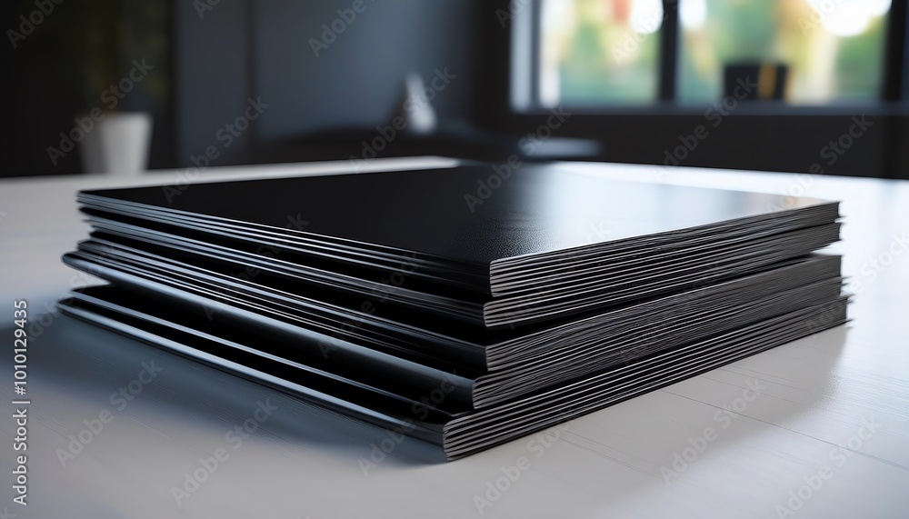 Poster a stack of black panels rests on a table, showcasing a textured design, with soft lighting and a blu