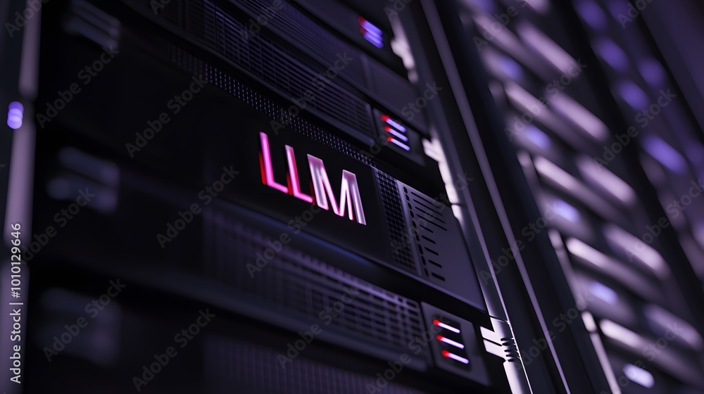 Poster close-up of a server rack with 'llm' illuminated in pink.