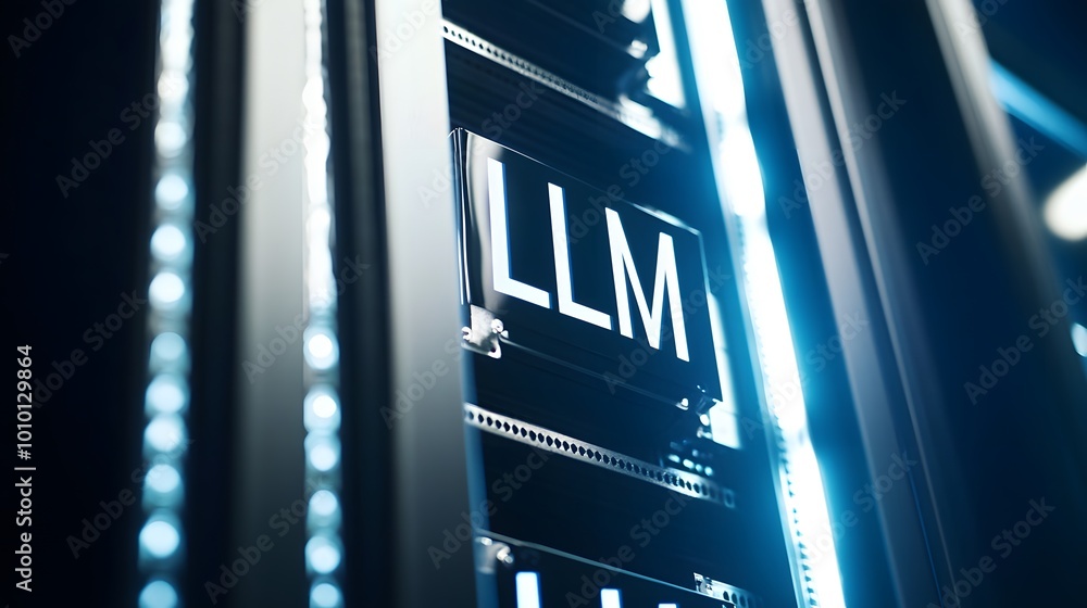 Poster the word 'llm' is displayed on a server rack in a data center.