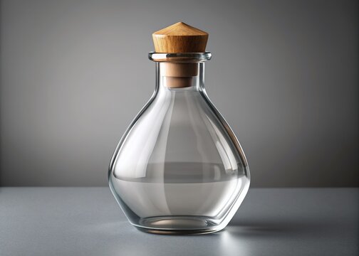 Elegant transparent glass bottle with distinctive shape and wooden cap, showcased on a sleek gray background, awaiting customization for beverages, potions, or fragrances.