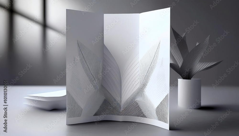 Poster a minimalist display featuring a folded paper design with intricate patterns and a potted plant in a