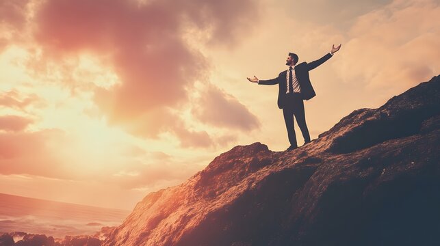 Businessman stands on a rocky clifftop with arms outstretched, celebrating success at sunset. - Powered by Adobe