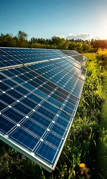 Solar panels installed in a green field under sunlight.
