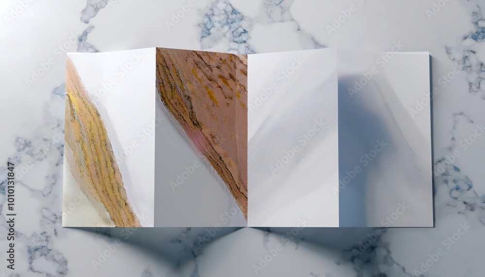 Poster a folded art piece showcasing textured layers and muted colors on a marble surface, highlighting uni