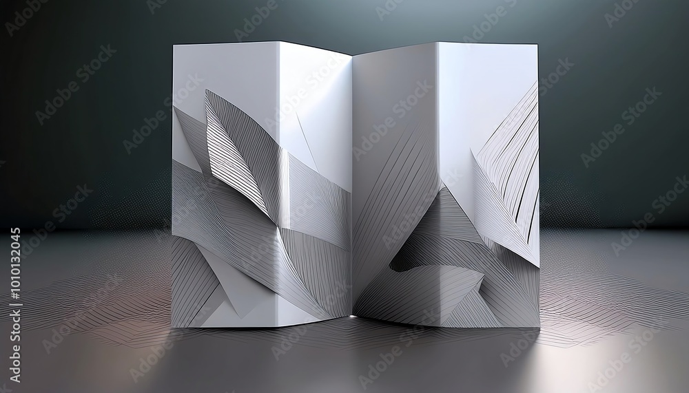 Poster a modern, abstract design showcasing a bi-fold structure with intricate black-and-white patterns on 