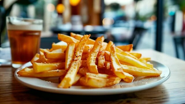 warm french fries on a plate on a cafe table