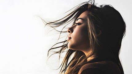Naklejka premium A young woman with long dark hair looks off to the side with a pensive expression.