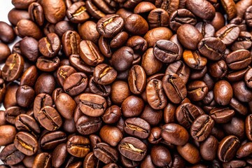 Fototapeta premium Freshly harvested dark brown coffee beans scattered on a pristine white background, showcasing their unique shapes and textures in high-contrast, crisp detail.