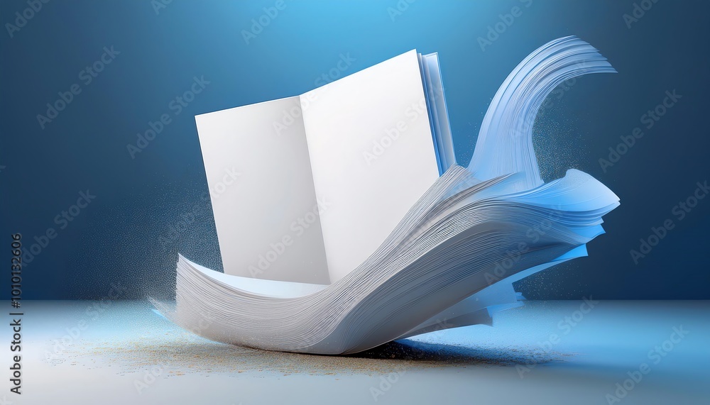 Poster a floating open book with pages turning, set against a blue gradient background, creating a dynamic 