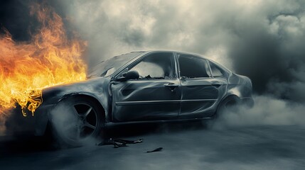 A wrecked car engulfed in flames and smoke.