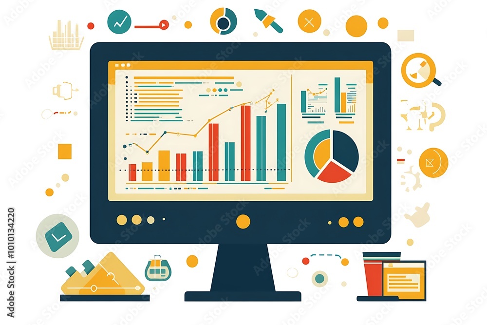 Poster desktop computer screen displaying analytics charts, graphs, and data for business marketing and gro
