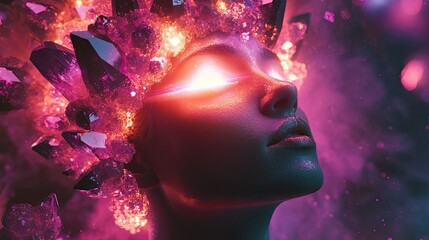 Obraz premium A woman's face with glowing eyes and a crown of pink crystals