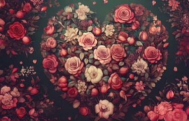 Heart shaped arrangement of pink and red roses and other flowers on a dark green background.