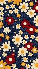 Seamless Floral Pattern with Red  White  Yellow Flowers and Dark Blue Background