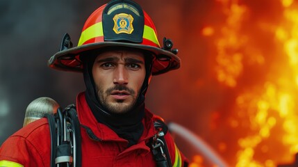 Obraz premium Firefighter Battling Blaze Smoke Courage Emergency Response Safety