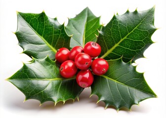 A single sprig of fresh European holly, featuring bright green leaves and vibrant red berries, isolated on a white background with soft shadows.