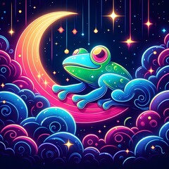 Fototapeta premium background with glowing colorful neon frog shapes and stars and moon in the night sky