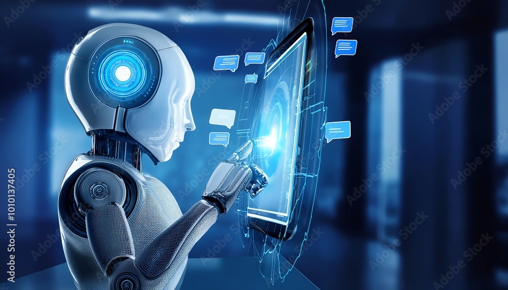 Poster a futuristic humanoid robot interacts with a glowing touchscreen, showcasing advanced technology and